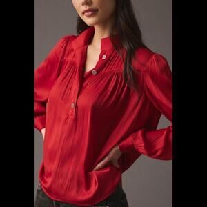 Anthropologie Relaxed Shimmer Blouse Red Satin Henley Button Front Popver Top XS